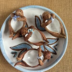 Dann Studio Pottery Otter Set – Plate + 3 Figurines Signed Dann